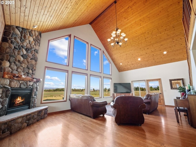 62123 Chandler Loop, La Grande, OR 97850 - living area featuring high vaulted ceiling, a fireplace, a chandelier, wood finished floors, and wood ceiling
