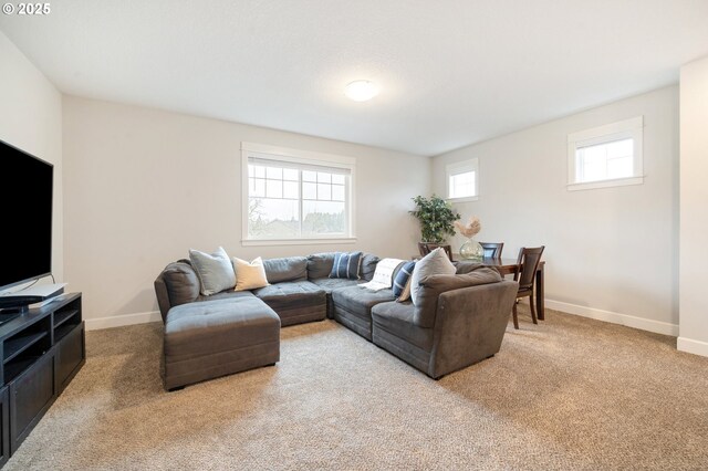 living room with baseboards and light colored carpet