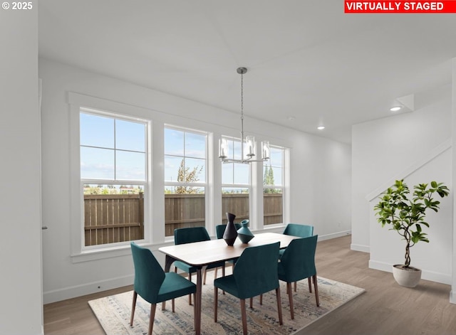 3430 SE 83rd Ave, Hillsboro, OR 97123 - dining space with a chandelier, healthy amount of natural light, baseboards, light wood finished floors, and recessed lighting