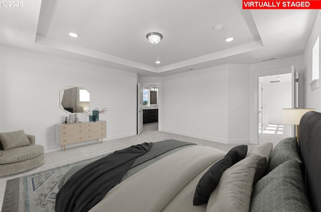 3430 SE 83rd Ave, Hillsboro, OR 97123 - bedroom with a raised ceiling, light carpet, recessed lighting, and baseboards