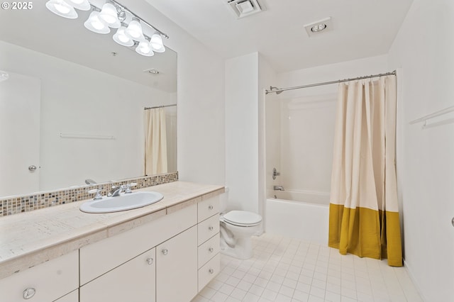 bathroom with visible vents, toilet, tile patterned floors, vanity, and shower / bathtub combination with curtain