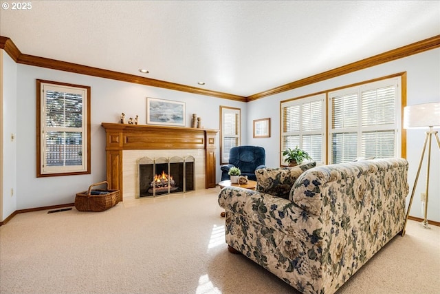 carpeted living room featuring crown molding and a textured ceiling