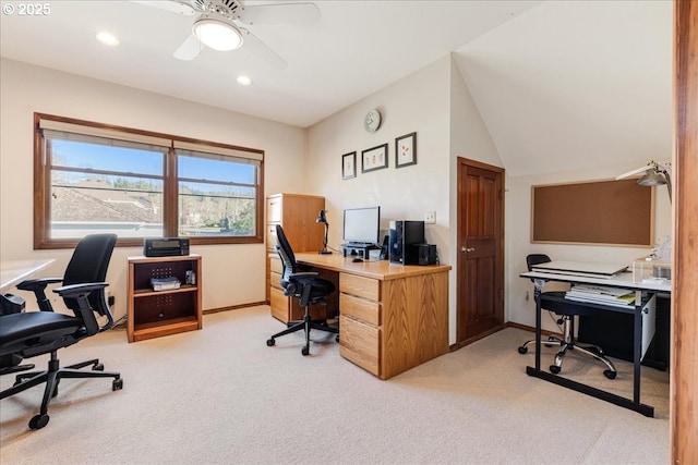 office featuring light colored carpet and ceiling fan