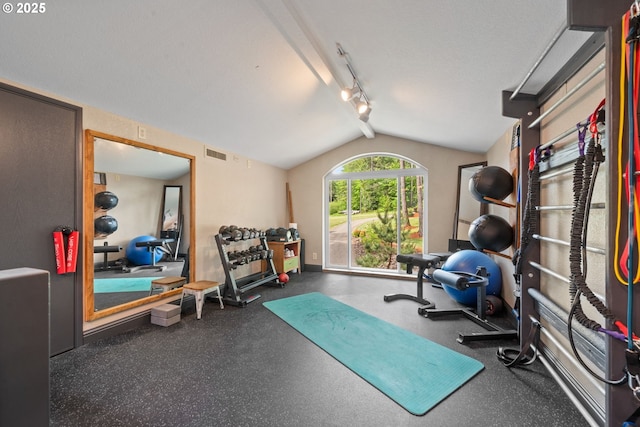 exercise area with track lighting, vaulted ceiling, and baseboards