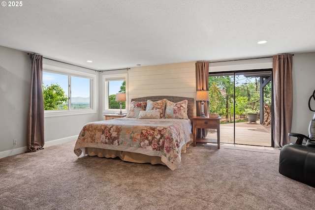 carpeted bedroom featuring access to exterior, multiple windows, a textured ceiling, baseboards, and recessed lighting