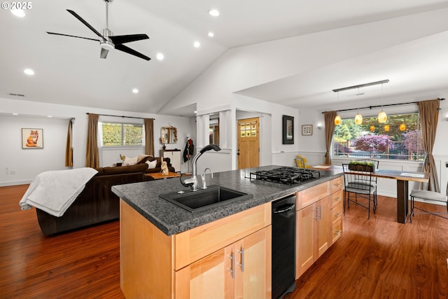 kitchen with a sink, black gas cooktop, dark wood-style flooring, open floor plan, and light brown cabinets
