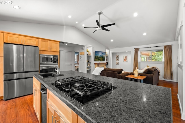 kitchen featuring a sink, stainless steel appliances, open floor plan, ceiling fan, and lofted ceiling
