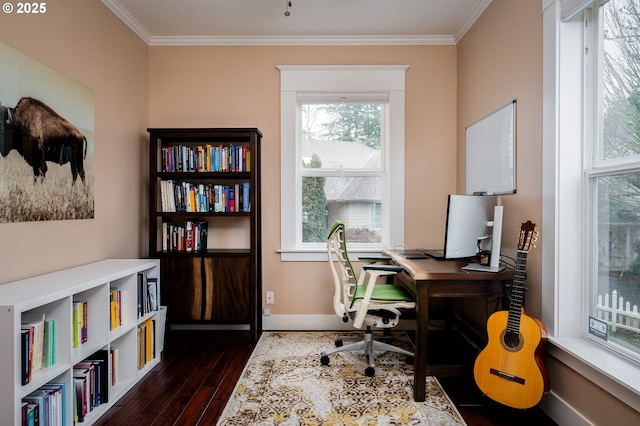 office space with dark wood-type flooring and ornamental molding