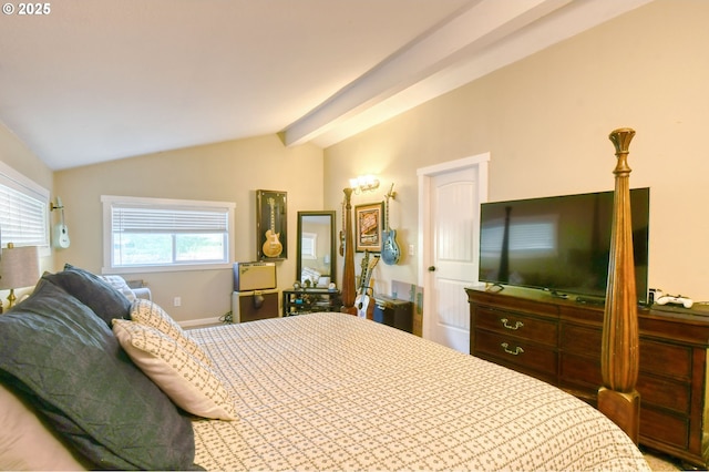 bedroom with lofted ceiling with beams and baseboards