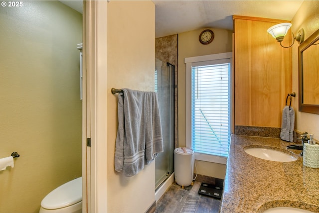 bathroom featuring double vanity, a sink, a shower stall, vaulted ceiling, and toilet