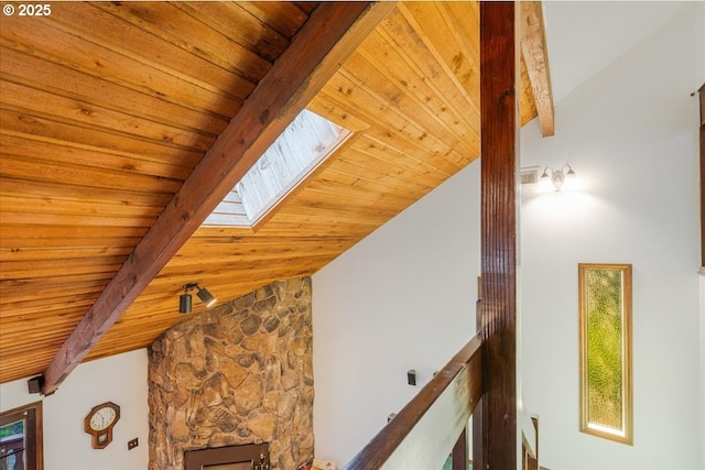 65257 E Sandy River Ln, Rhododendron, OR 97049 - detailed view of wood ceiling with exposed beams and a skylight