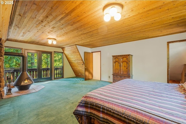 65257 E Sandy River Ln, Rhododendron, OR 97049 - bedroom featuring wood ceiling, carpet, and vaulted ceiling