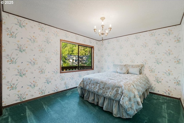 65257 E Sandy River Ln, Rhododendron, OR 97049 - carpeted bedroom with a chandelier, baseboards, and a textured ceiling