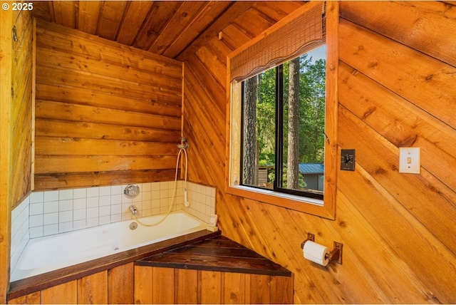 65257 E Sandy River Ln, Rhododendron, OR 97049 - bathroom featuring wooden ceiling, wooden walls, and a bath