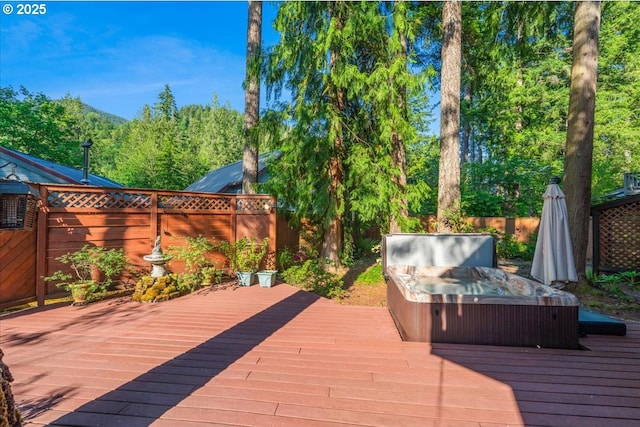 65257 E Sandy River Ln, Rhododendron, OR 97049 - wooden terrace with a hot tub and a fenced backyard