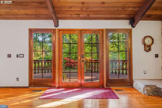 65257 E Sandy River Ln, Rhododendron, OR 97049 - doorway featuring wooden ceiling with exposed beams, wood finished floors, and french doors