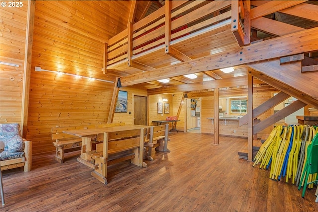 65257 E Sandy River Ln, Rhododendron, OR 97049 - dining space featuring wooden walls, wood finished floors, and beam ceiling