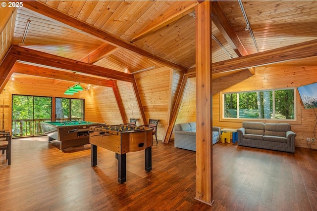 65257 E Sandy River Ln, Rhododendron, OR 97049 - playroom featuring billiards, plenty of natural light, hardwood / wood-style flooring, wooden walls, and wooden ceiling