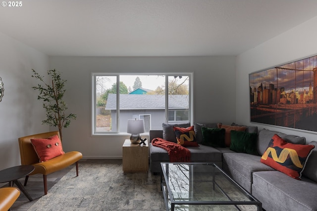 living area with baseboards and wood finished floors