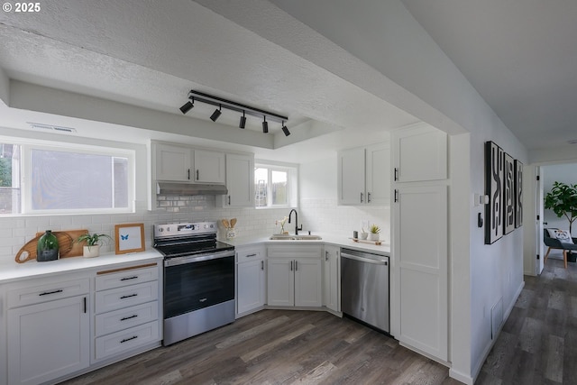 kitchen featuring a textured ceiling, under cabinet range hood, dark wood-style flooring, a sink, and appliances with stainless steel finishes