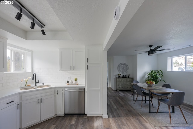 kitchen featuring a sink, white cabinetry, stainless steel dishwasher, decorative backsplash, and dark wood-style floors