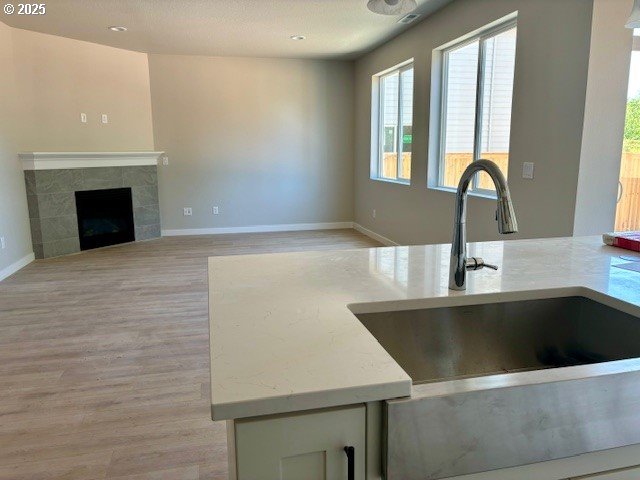 1747 N Millican Creek St, Lafayette, OR 97127 - kitchen featuring a sink, light wood-style floors, baseboards, a fireplace, and light stone countertops