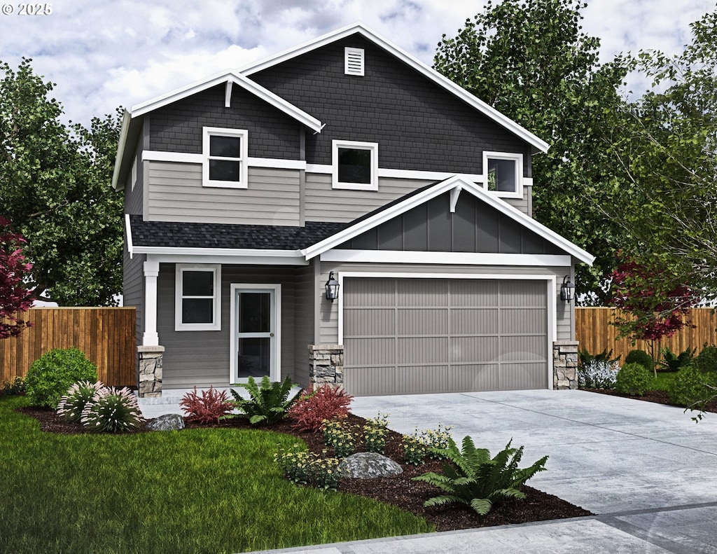 craftsman inspired home featuring a garage, stone siding, fence, and concrete driveway