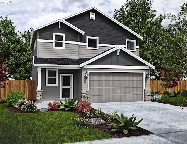 craftsman inspired home featuring a garage, stone siding, fence, and concrete driveway