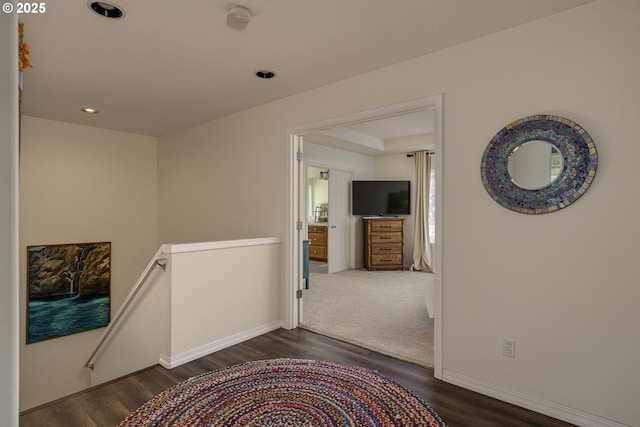 7125 SW Fallen Leaf St, Wilsonville, OR 97070 - hallway featuring dark wood-style flooring, an upstairs landing, and recessed lighting