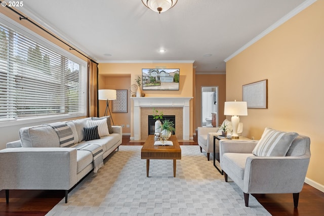 living room featuring a fireplace, baseboards, wood finished floors, and ornamental molding