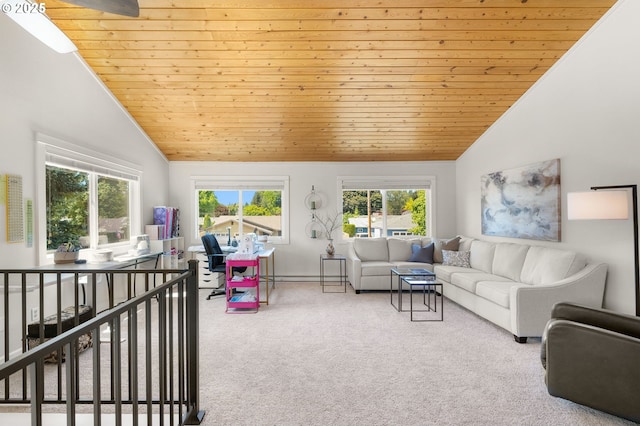 1615 Kingwood St, Forest Grove, OR 97116 - carpeted living room featuring wooden ceiling, high vaulted ceiling, and baseboards