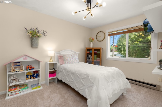 1615 Kingwood St, Forest Grove, OR 97116 - carpeted bedroom featuring a baseboard radiator, a chandelier, and baseboards