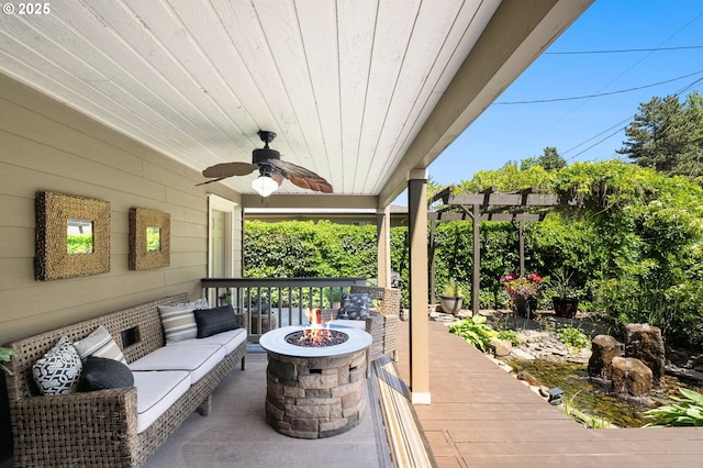 1615 Kingwood St, Forest Grove, OR 97116 - wooden terrace featuring an outdoor fire pit and ceiling fan