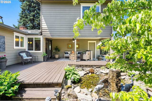 1615 Kingwood St, Forest Grove, OR 97116 - wooden terrace featuring an outdoor living space and a ceiling fan