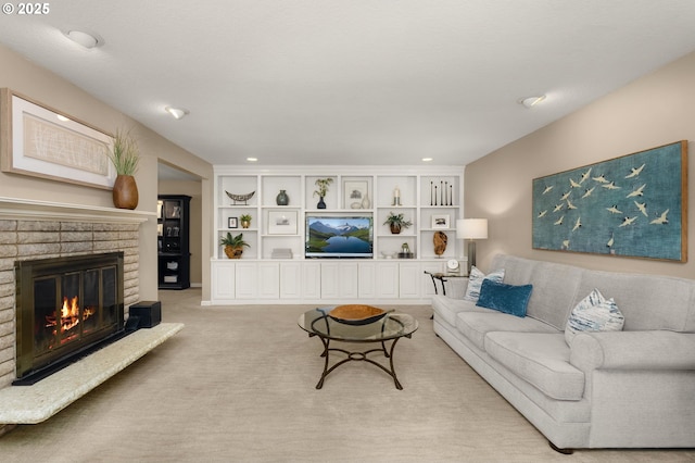 1615 Kingwood St, Forest Grove, OR 97116 - living room with a brick fireplace, recessed lighting, and light colored carpet