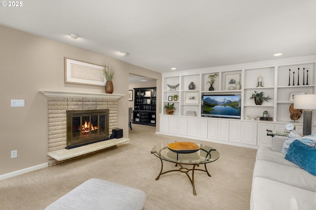 1615 Kingwood St, Forest Grove, OR 97116 - living room with light carpet, a brick fireplace, recessed lighting, and baseboards