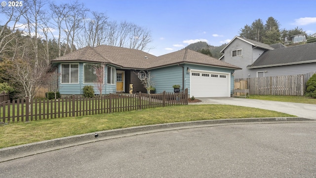 ranch-style house featuring driveway, a garage, a shingled roof, fence, and a front yard