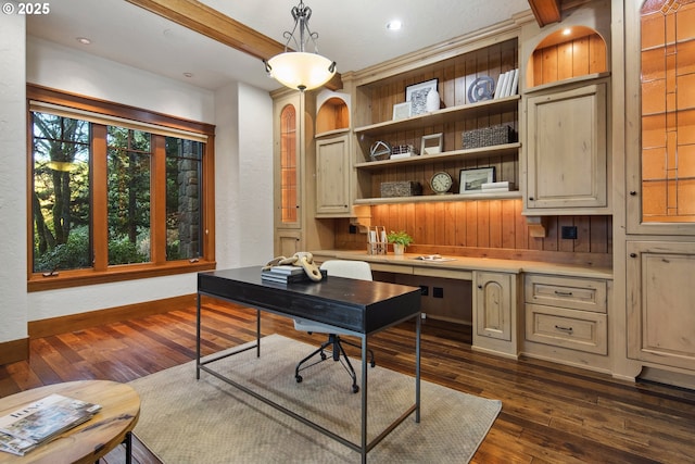 home office with dark hardwood / wood-style flooring and built in desk