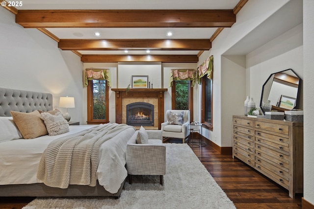 bedroom featuring beam ceiling and dark wood-type flooring