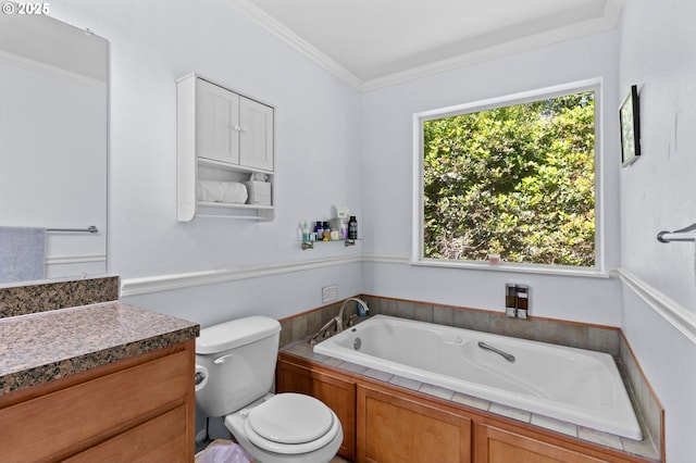 579 S Schooner Creek Rd, Lincoln City, OR 97367 - bathroom featuring a garden tub, toilet, vanity, and crown molding