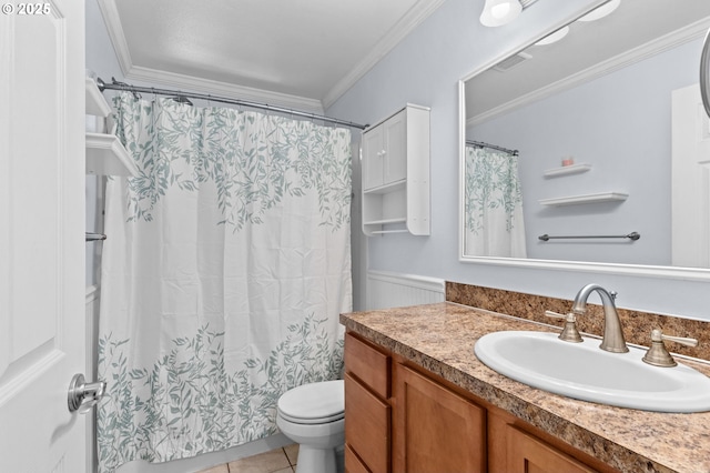 579 S Schooner Creek Rd, Lincoln City, OR 97367 - bathroom with vanity, toilet, ornamental molding, and tile patterned floors