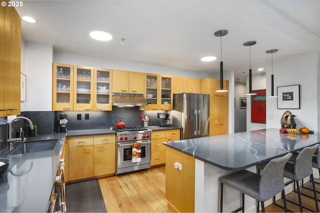 kitchen with exhaust hood, decorative light fixtures, stainless steel appliances, decorative backsplash, and sink