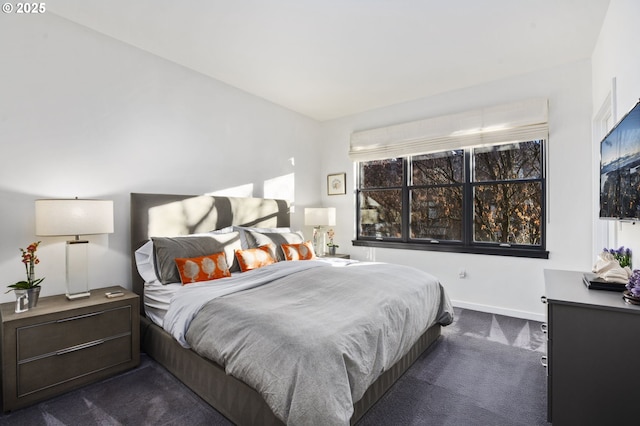 bedroom with dark colored carpet