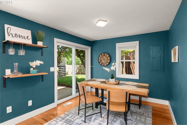 dining area featuring baseboards, wood finished floors, and electric panel