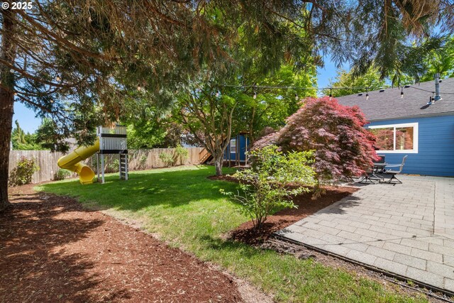 view of yard with a patio and a playground