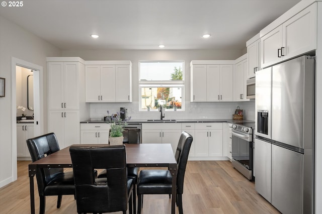 kitchen featuring dark countertops, decorative backsplash, appliances with stainless steel finishes, white cabinets, and a sink