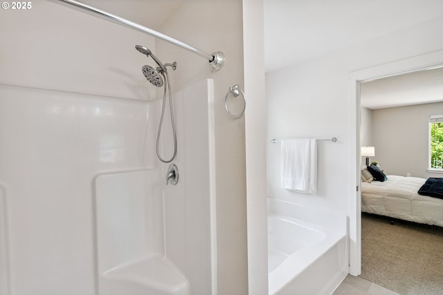 202 Edgewater Dr, Carson, WA 98610 - bathroom with connected bathroom, a shower, a bath, and tile patterned flooring