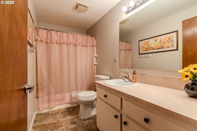 bathroom featuring visible vents, shower / bathtub combination with curtain, toilet, stone finish floor, and vanity