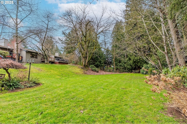 view of yard with a wooden deck