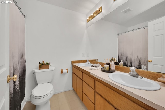 full bathroom featuring double vanity, toilet, a sink, baseboards, and visible vents